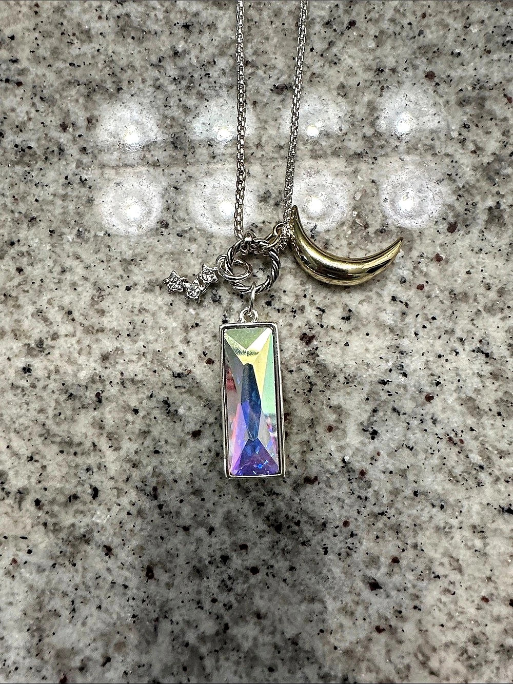 NWOT Iridescent Stone, Crescent and star Charm Pendant Necklace
